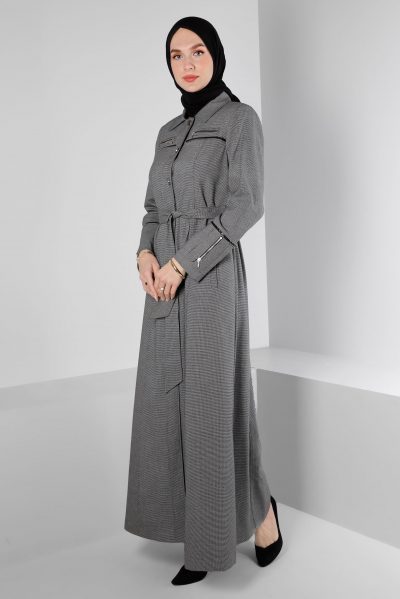 ⁦10655 جلباب الفينا منقوش أزرار مع حزام 38/46 أسود⁩ - الصورة ⁦2⁩