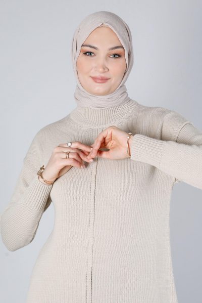 43120 تونيك الفينا صوف ناعم منقوش مع قبة 38/44 صخري