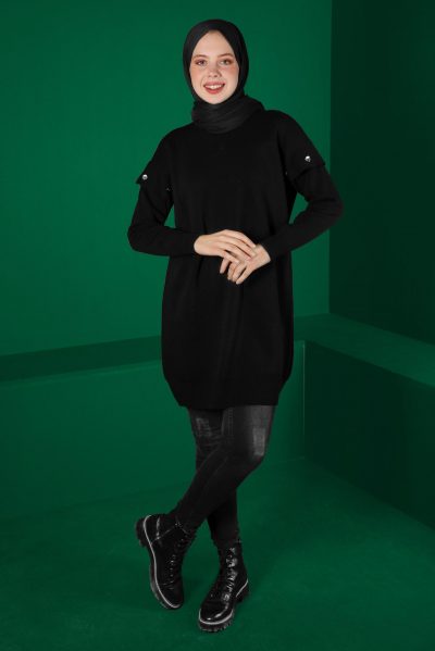43166 تونيك الفينا صوف ناعم أزرار على الأكمام 38/46 أسود