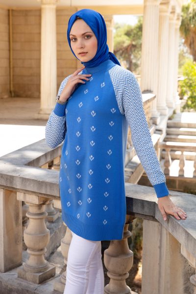 ⁦43173 تونيك الفينا صوف ناعم منقوش 38/46 أزرق⁩ - الصورة ⁦2⁩