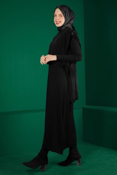 ⁦43199 طقم فستان الفينا صوف ناعم قطعتين 38/46 أسود⁩ - الصورة ⁦2⁩