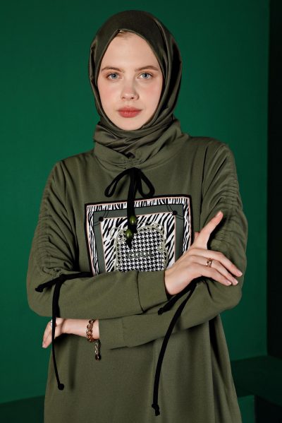 43363 فستان الفينا مع طباعة 38/46 زيتي داكن