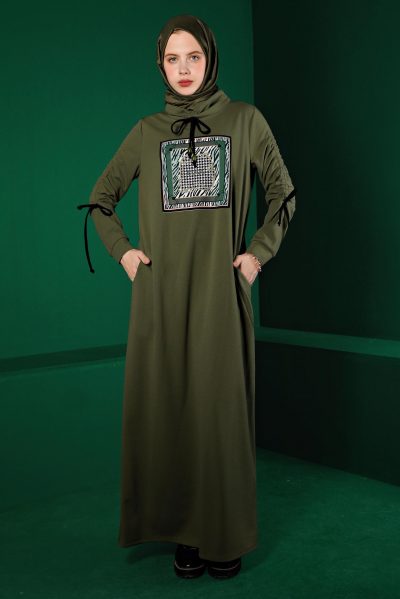 43363 فستان الفينا مع طباعة 38/46 زيتي داكن - الصورة 2