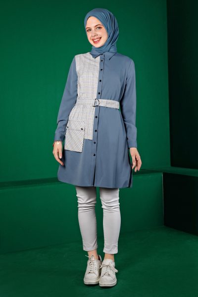 ⁦43377 تونيك الفينا منقوش مع حزام 38/44 أزرق⁩ - الصورة ⁦2⁩