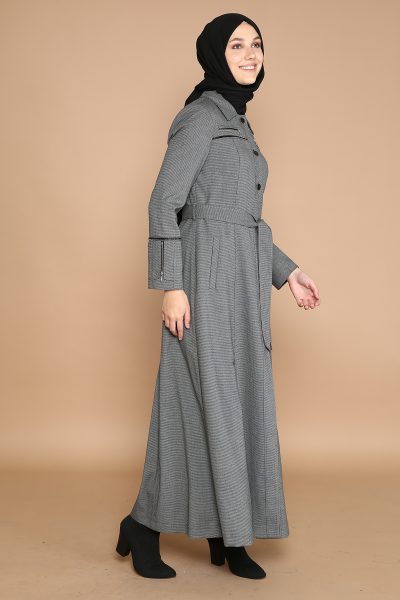 10655 جلباب الفينا منقوش أزرار مع حزام 38/46 سكني داكن - الصورة 2