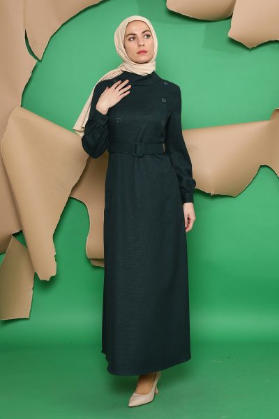 ⁦43439 فستان الفينا أزرار مع حزام 38/44 زمردي⁩ - الصورة ⁦3⁩