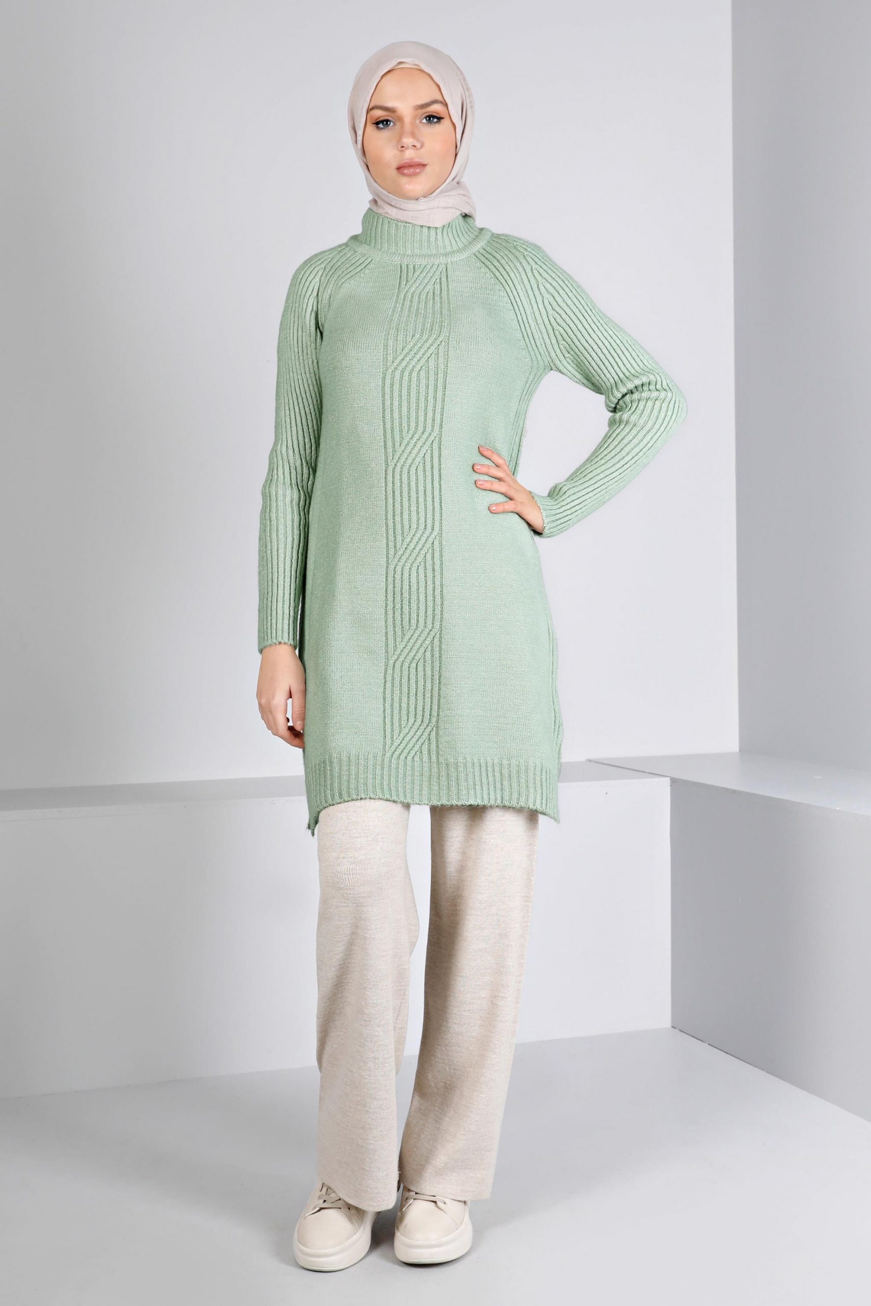 43184 تونيك الفينا صوف ناعم منقوش 38/46 أخضر فاتح - الصورة 2