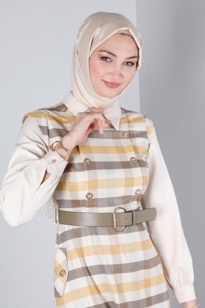 43326 فستان الفينا منقوش أزرار مع حزام 38/44 خردلي