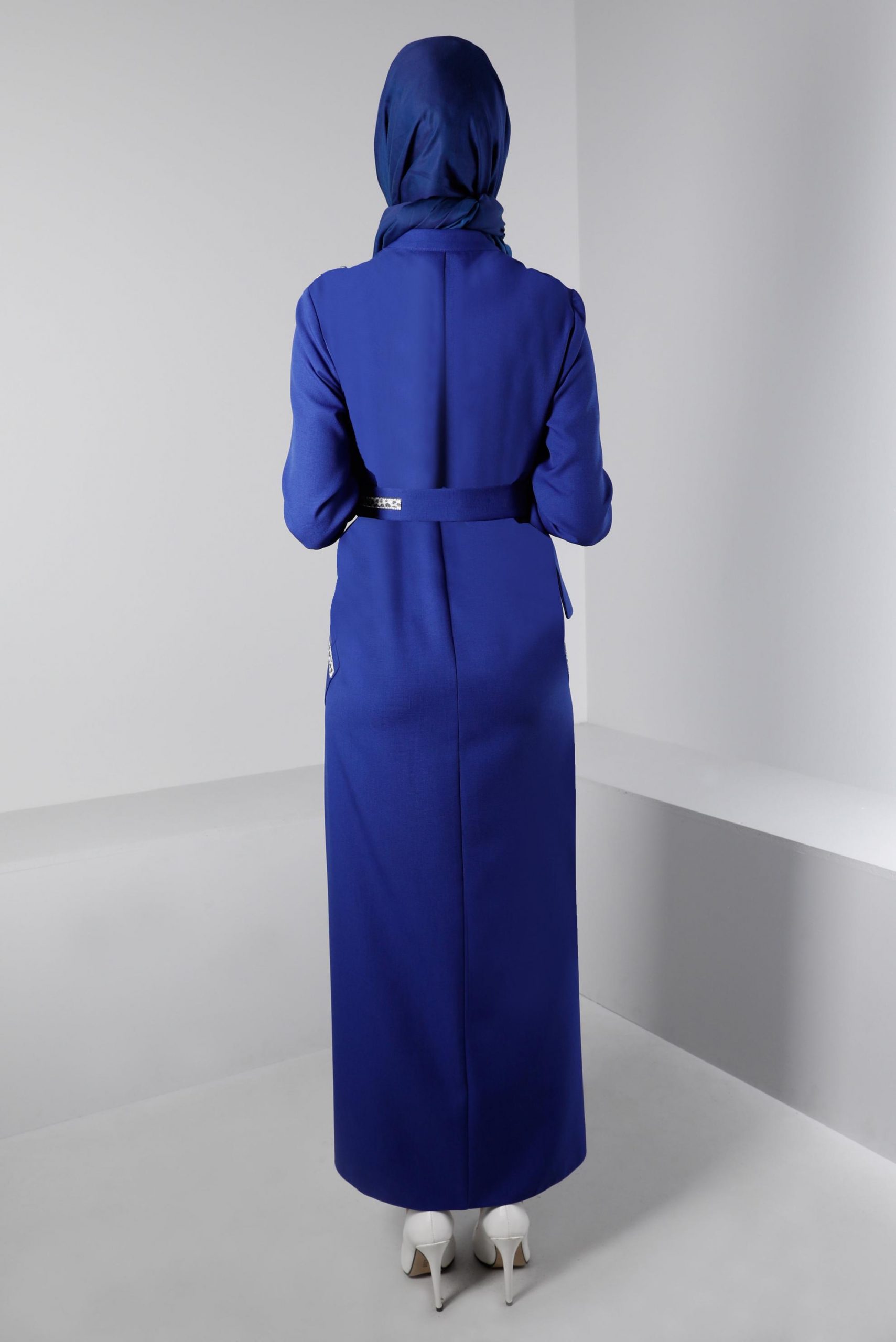 43403 فستان الفينا جيب مع حزام لمعة منقوش 38/44 نيلي - الصورة 3