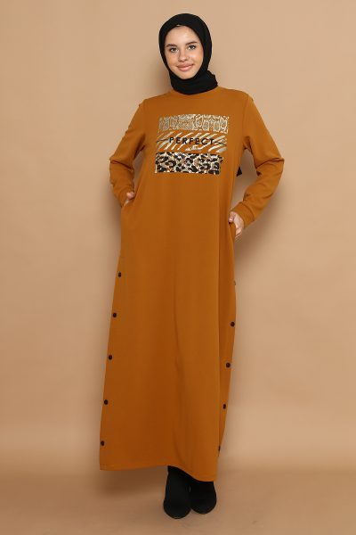 43364 فستان الفينا كبسات على الجانب مع طباعة 40/48 خردلي داكن