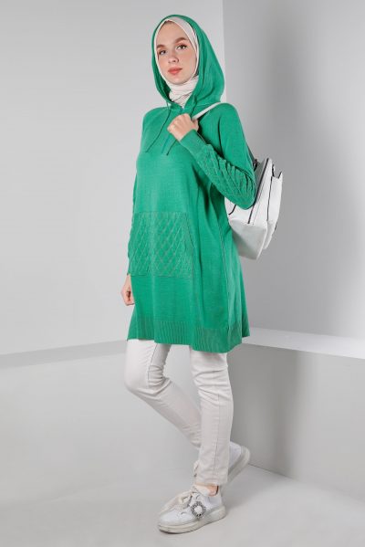 43162 تونيك الفينا صوف ناعم منقوش جيب مع طاقية 38/46 أخضر - الصورة 2