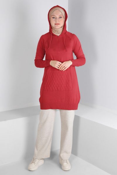 43162 تونيك الفينا صوف ناعم منقوش جيب مع طاقية 38/46 أحمر مرجاني