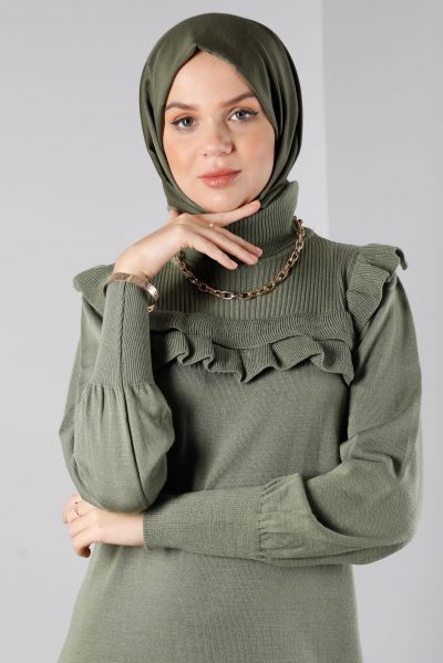 43198 فستان الفينا صوف ناعم مع زخرفة 38/44 زيتي فاتح