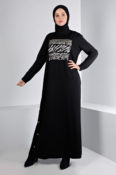 ⁦43364 فستان الفينا كبسات على الجانب مع طباعة 40/48 أسود⁩ - الصورة ⁦2⁩