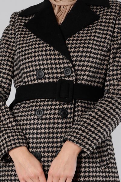 90348 جاكيت جوخ الفينا منقوش أزرار مع حزام 38/48 أسود وكاميل - الصورة 4