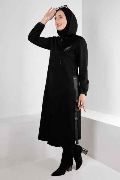 ⁦20323 جاكيت الفينا طاقية مع سحاب 40/50 أسود⁩ - الصورة ⁦2⁩