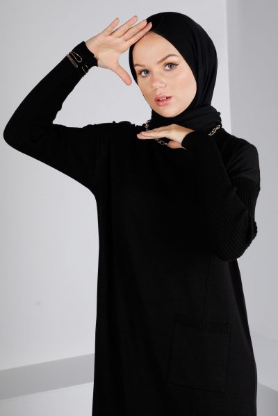 43108 تونيك الفينا صوف ناعم منقوش مع جيب 38/46 أسود