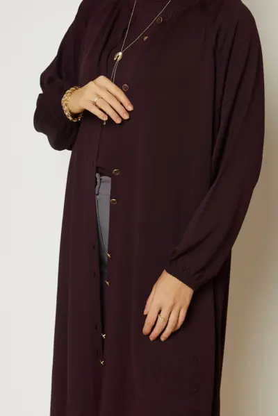 46949 جاكيت الفينا تريكو ناعم منقوش مع أزرار 42/50 عنابي داكن - الصورة 3