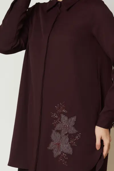 47016 تونيك الفينا قبة أزرار مخفية مع تطريز 40/48 كرزي داكن - الصورة 3